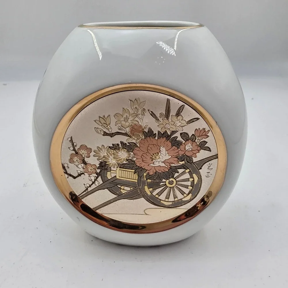Art of Chokin Japanese Vase 24K Gold Silver Gilded Flower Cart Ceramic 5in N4